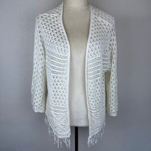 White Crochet Knit Fringe Kimono Cardigan Open Front 3/4 Sleeve Boho Cottage